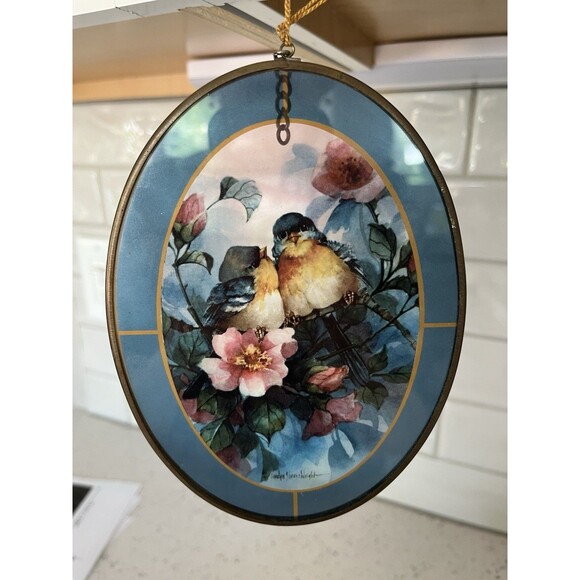 Vtg Via Vermont Bluebirds Glass Art Suncatcher Oval Metal Gold Tone Frame 1994 - Picture 3 of 5